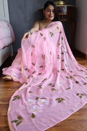 Elegant Hand Painted Chiffon Saree with Zari Border - Perfect for Special Occasions