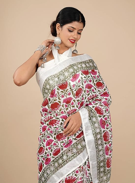 Cotton Linen Saree with Hand Block Print - Shivanya Handicrafts Women's Traditional Indian Wear