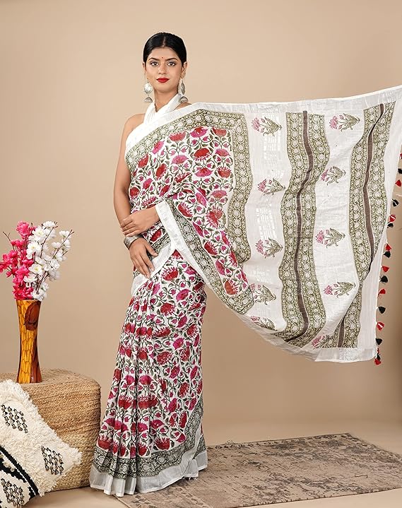 Cotton Linen Saree with Hand Block Print - Shivanya Handicrafts Women's Traditional Indian Wear