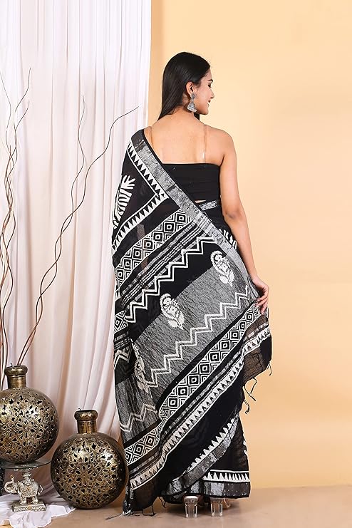 Cotton Linen Saree with Hand Block Print - Shivanya Handicrafts Women's Traditional Indian Wear