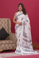 Load image into Gallery viewer, Cotton Linen Saree with Hand Block Print - Shivanya Handicrafts Women&#39;s Traditional Indian Wear
