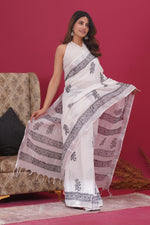 Load image into Gallery viewer, Cotton Linen Saree with Hand Block Print - Shivanya Handicrafts Women&#39;s Traditional Indian Wear
