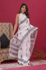 Load image into Gallery viewer, Cotton Linen Saree with Hand Block Print - Shivanya Handicrafts Women&#39;s Traditional Indian Wear
