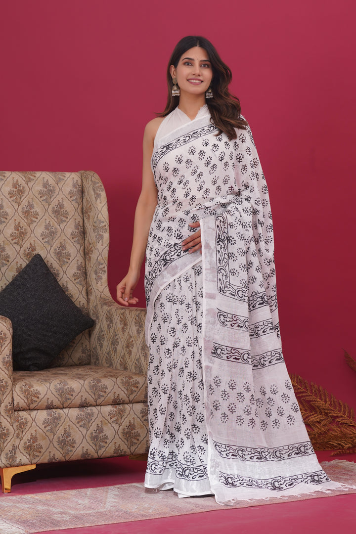 Cotton Linen Saree with Hand Block Print - Shivanya Handicrafts Women's Traditional Indian Wear