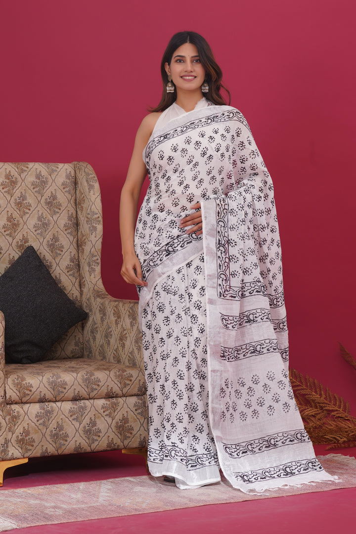 Cotton Linen Saree with Hand Block Print - Shivanya Handicrafts Women's Traditional Indian Wear