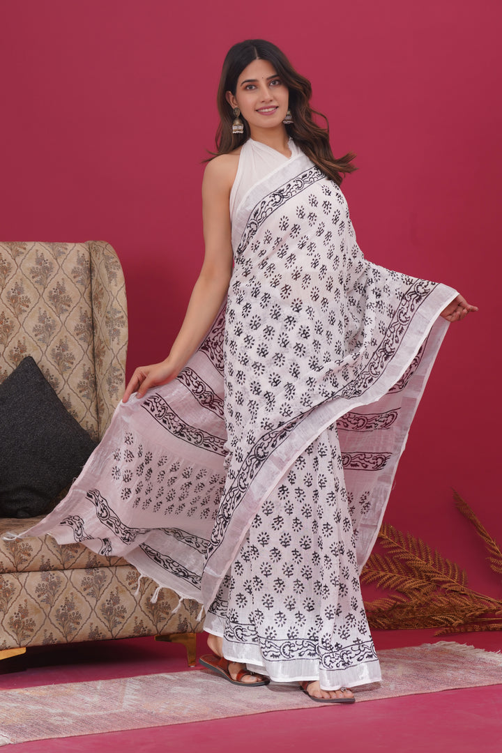Cotton Linen Saree with Hand Block Print - Shivanya Handicrafts Women's Traditional Indian Wear
