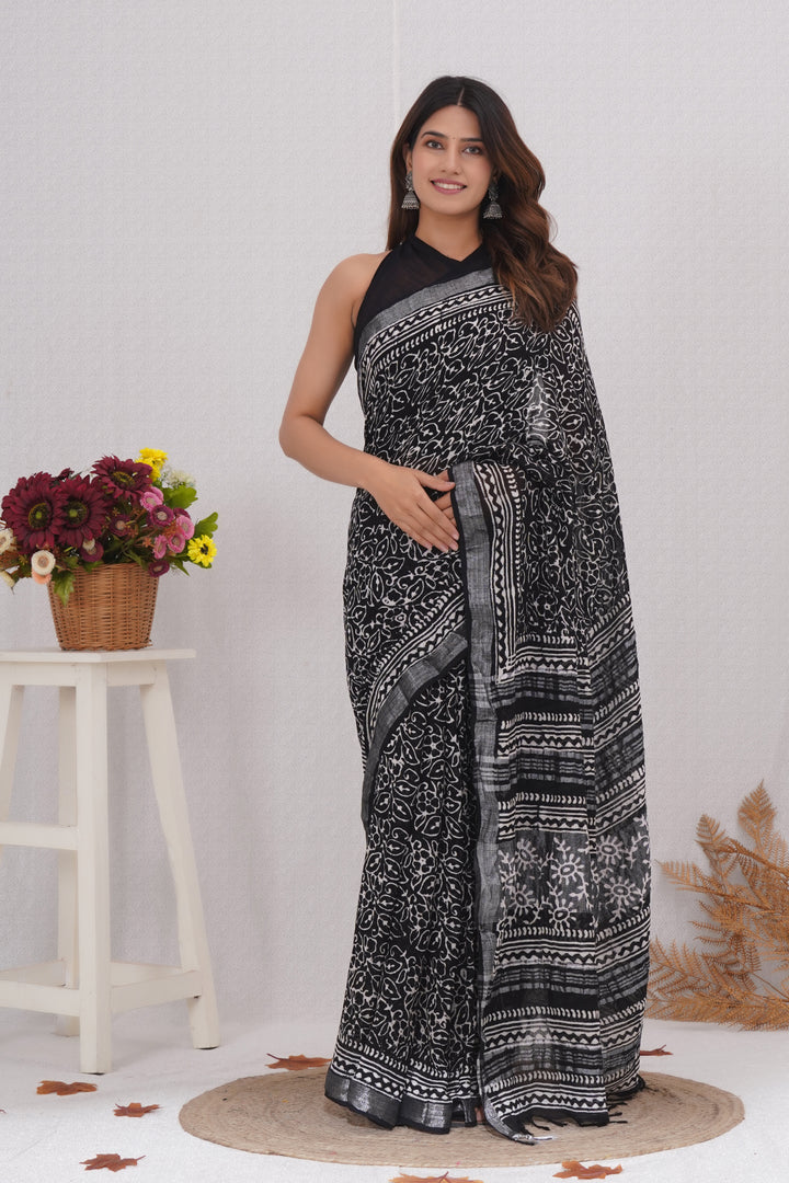 Cotton Linen Saree with Hand Block Print - Shivanya Handicrafts Women's Traditional Indian Wear