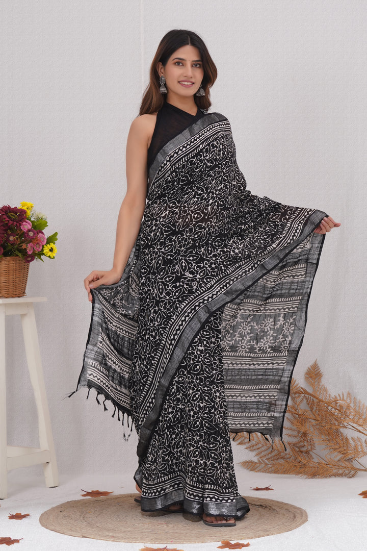 Cotton Linen Saree with Hand Block Print - Shivanya Handicrafts Women's Traditional Indian Wear