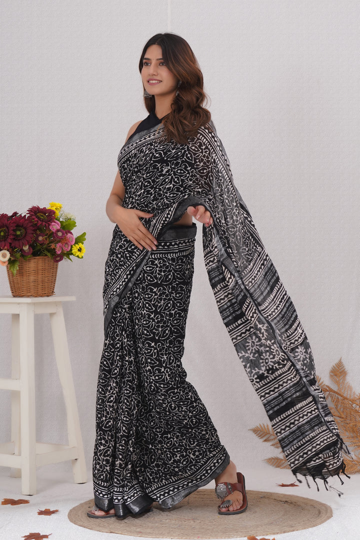 Cotton Linen Saree with Hand Block Print - Shivanya Handicrafts Women's Traditional Indian Wear