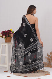 Cotton Linen Saree with Hand Block Print - Shivanya Handicrafts Women's Traditional Indian Wear