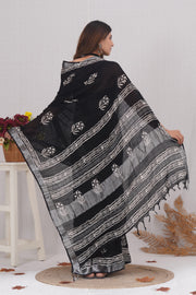 Cotton Linen Saree with Hand Block Print - Shivanya Handicrafts Women's Traditional Indian Wear