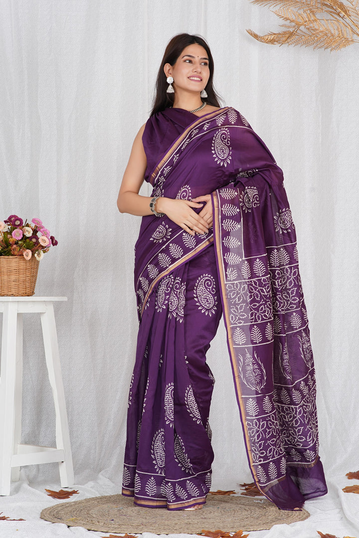 Chanderi Silk Saree with Hand Block Print - Shivanya Handicrafts Women's Traditional Indian Wear