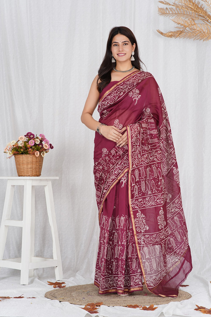 Chanderi Silk Saree with Hand Block Print - Shivanya Handicrafts Women's Traditional Indian Wear