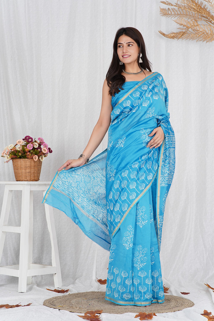 Chanderi Silk Saree with Hand Block Print - Shivanya Handicrafts Women's Traditional Indian Wear