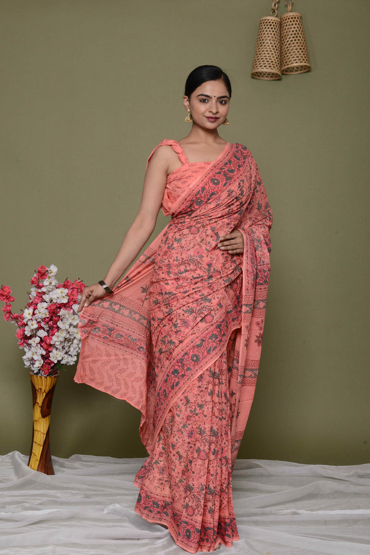 Mulmul Cotton Saree with Hand Block Print - Shivanya Handicrafts Women's Traditional Indian Wear