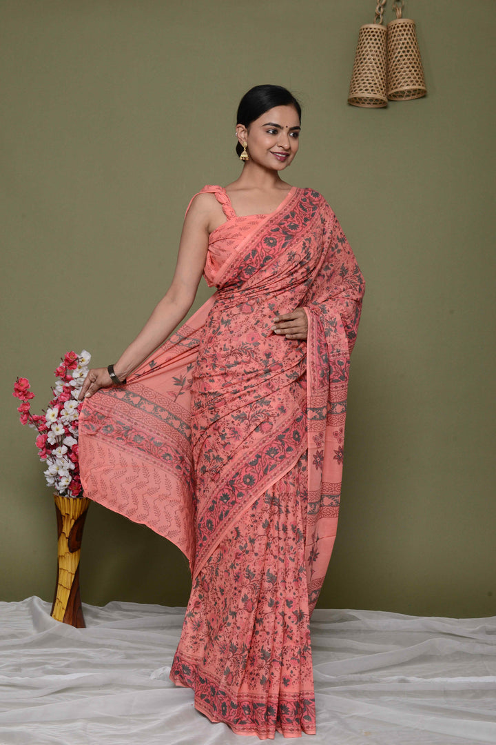 Mulmul Cotton Saree with Hand Block Print - Shivanya Handicrafts Women's Traditional Indian Wear