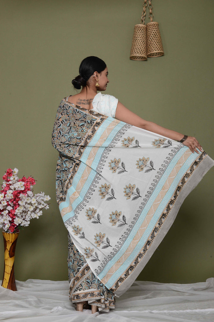 Mulmul Cotton Saree with Hand Block Print - Shivanya Handicrafts Women's Traditional Indian Wear