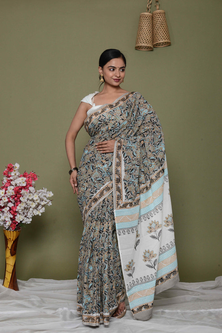 Mulmul Cotton Saree with Hand Block Print - Shivanya Handicrafts Women's Traditional Indian Wear