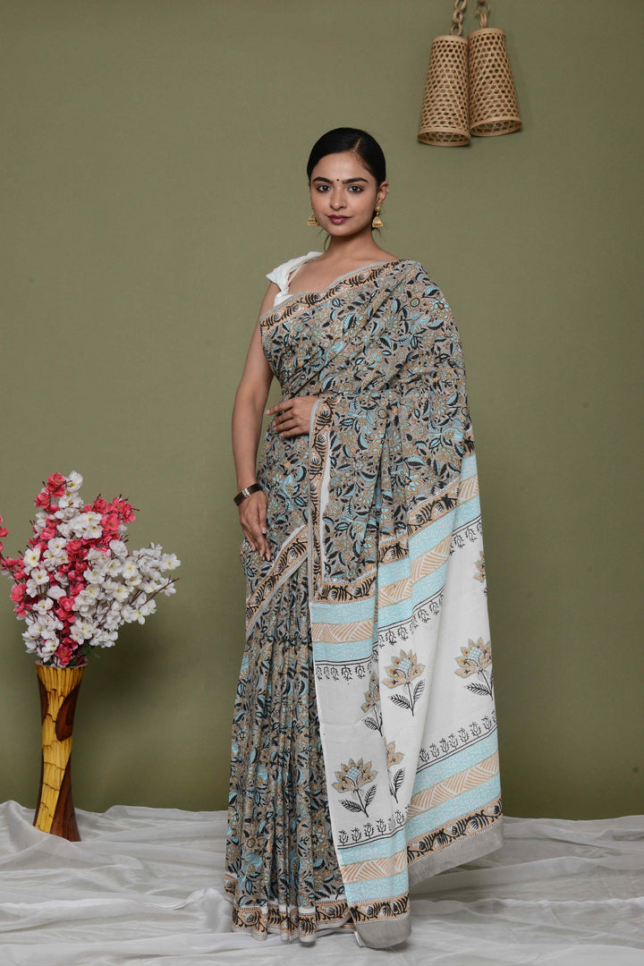 Mulmul Cotton Saree with Hand Block Print - Shivanya Handicrafts Women's Traditional Indian Wear