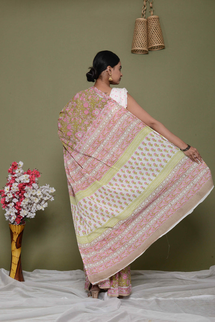 Mulmul Cotton Saree with Hand Block Print - Shivanya Handicrafts Women's Traditional Indian Wear