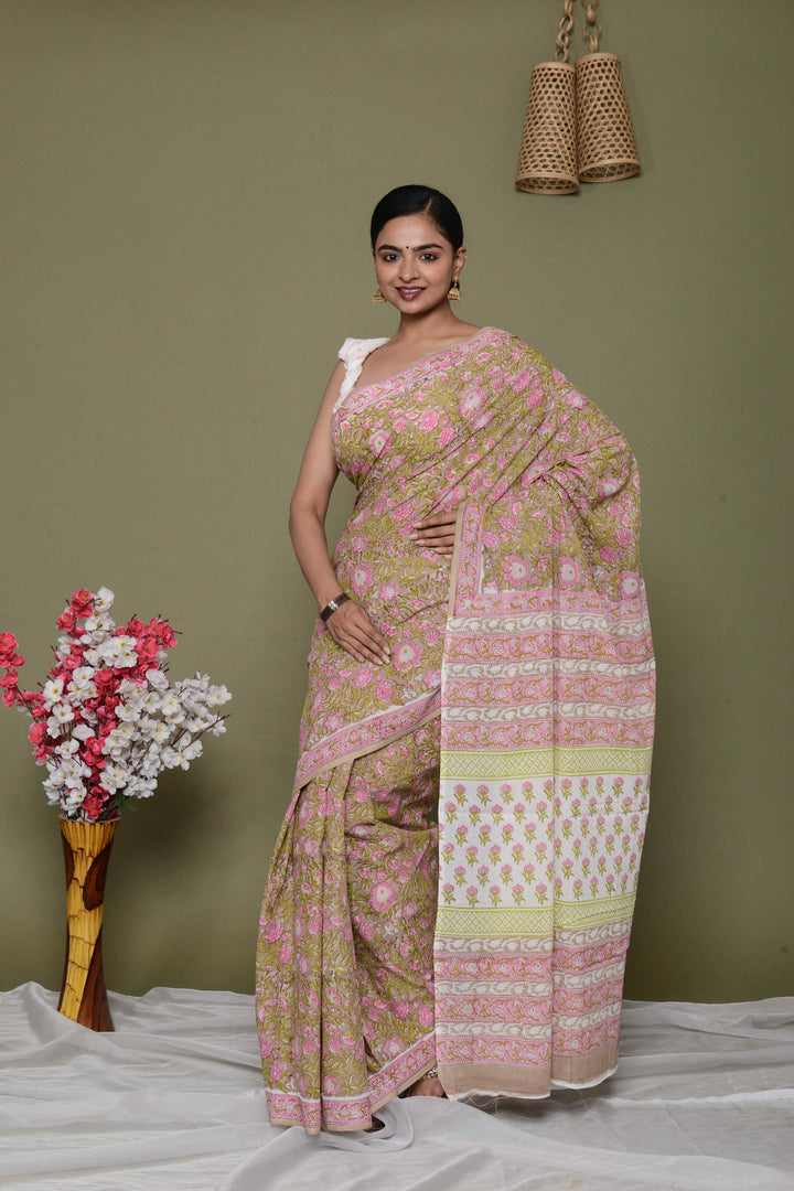 Mulmul Cotton Saree with Hand Block Print - Shivanya Handicrafts Women's Traditional Indian Wear