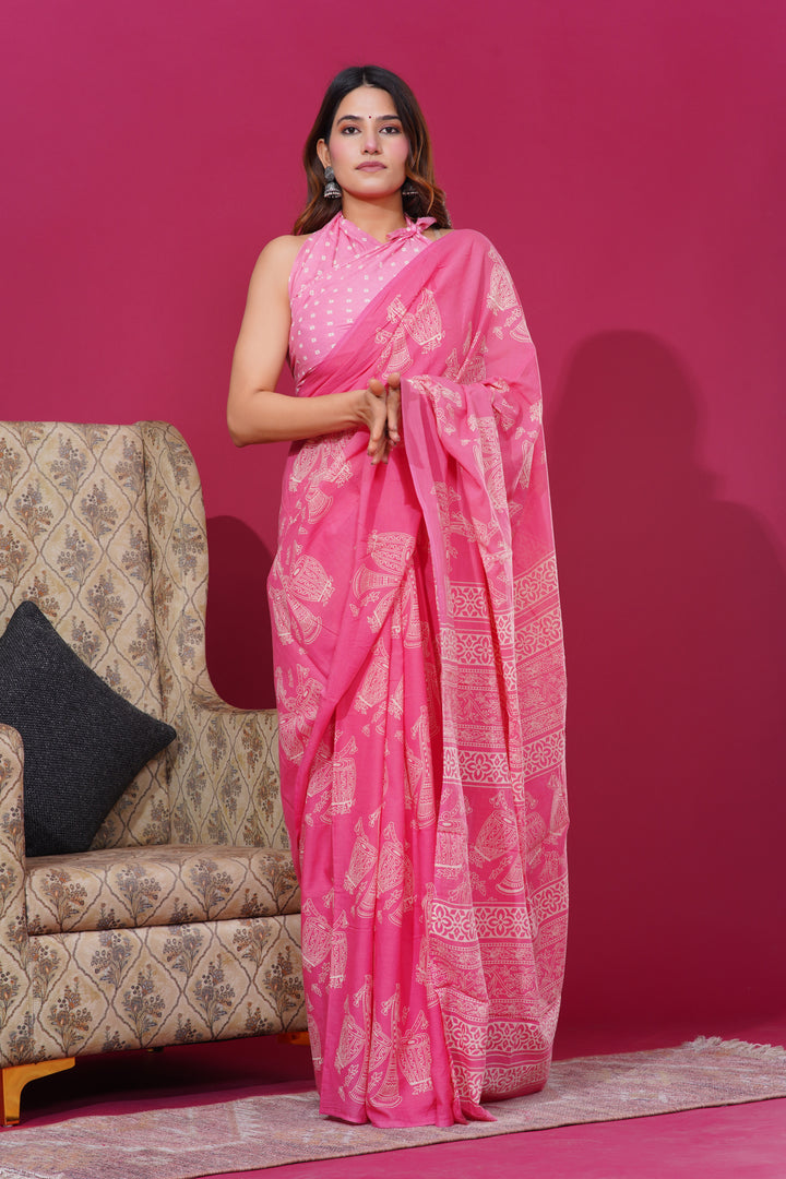 Mulmul Cotton Saree with Hand Block Print - Shivanya Handicrafts Women's Traditional Indian Wear