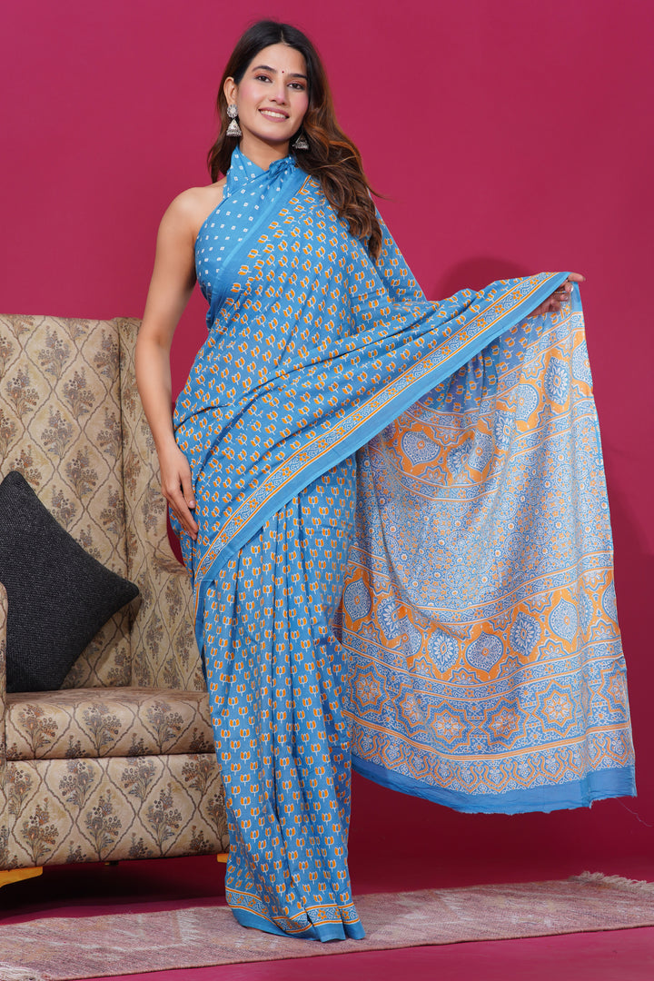 Mulmul Cotton Saree with Hand Block Print - Shivanya Handicrafts Women's Traditional Indian Wear