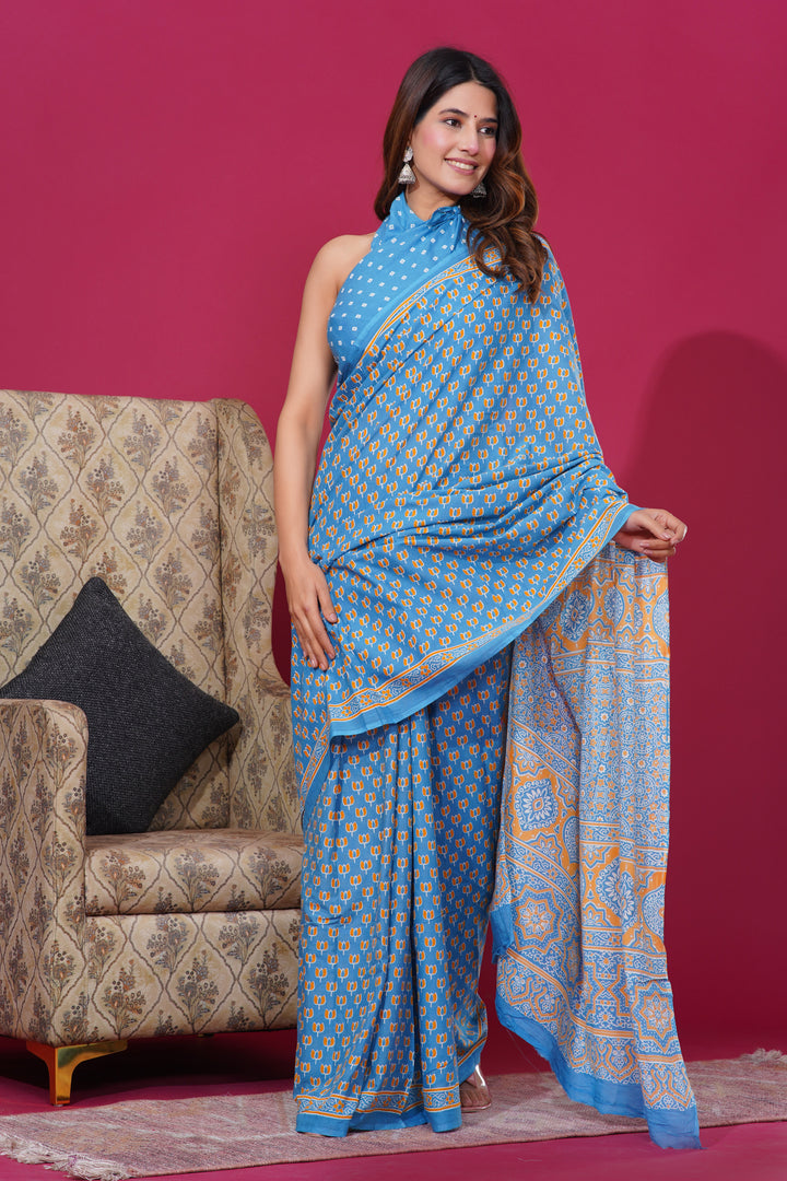 Mulmul Cotton Saree with Hand Block Print - Shivanya Handicrafts Women's Traditional Indian Wear