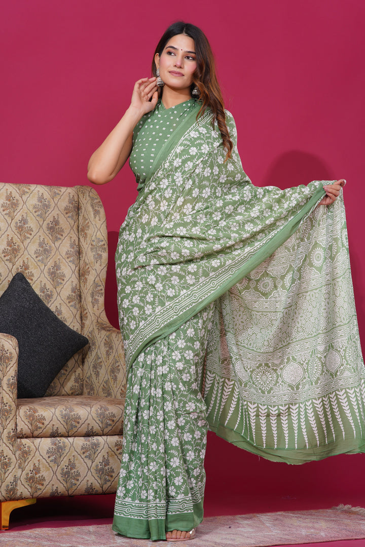 Mulmul Cotton Saree with Hand Block Print - Shivanya Handicrafts Women's Traditional Indian Wear