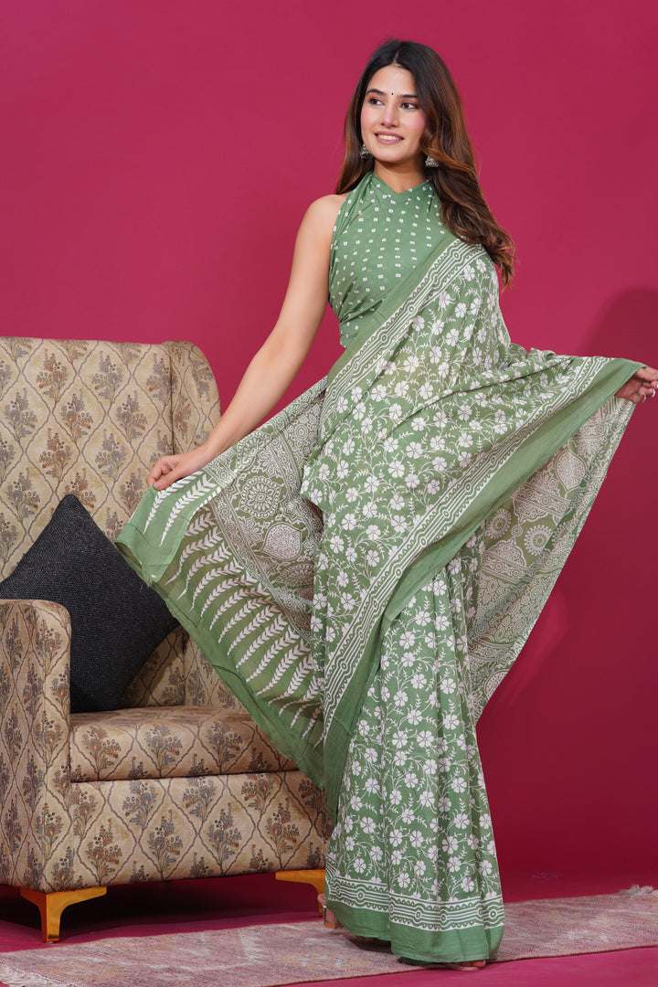 Mulmul Cotton Saree with Hand Block Print - Shivanya Handicrafts Women's Traditional Indian Wear