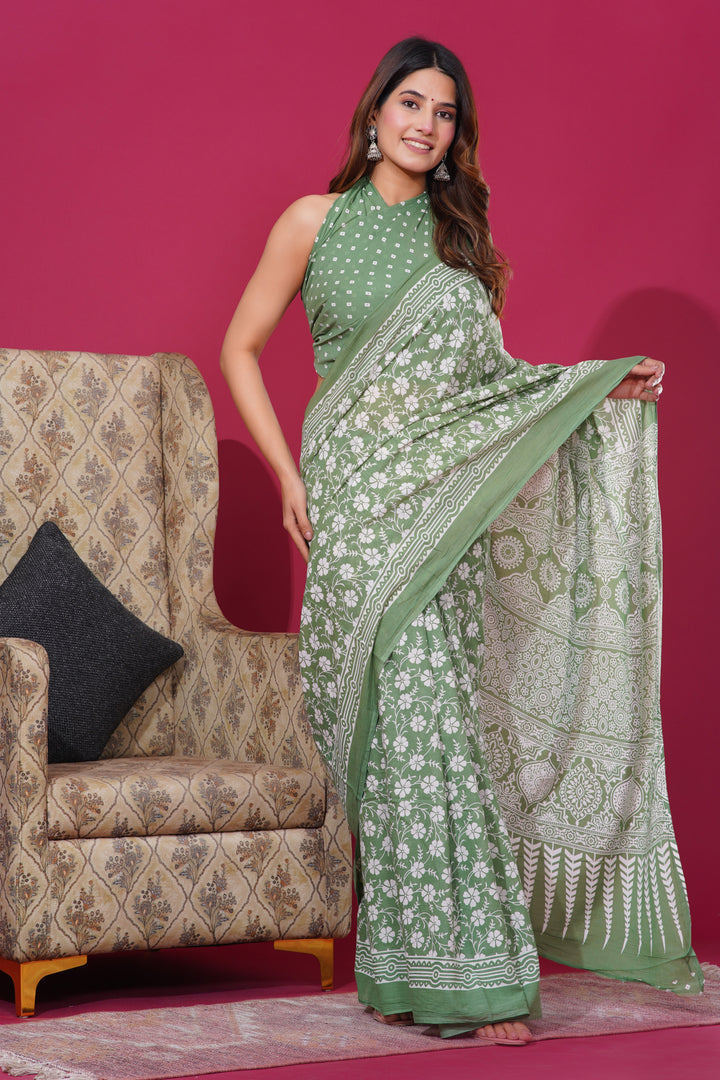 Mulmul Cotton Saree with Hand Block Print - Shivanya Handicrafts Women's Traditional Indian Wear