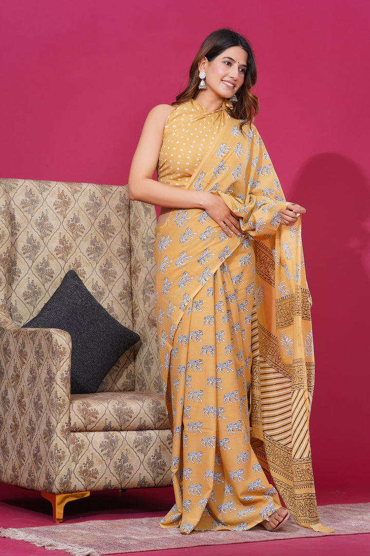 Mulmul Cotton Saree with Hand Block Print - Shivanya Handicrafts Women's Traditional Indian Wear