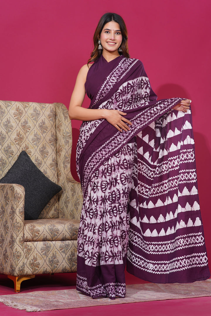 Mulmul Cotton Saree with Hand Wax Batik Print - Shivanya Handicrafts Women's Traditional Indian Wear