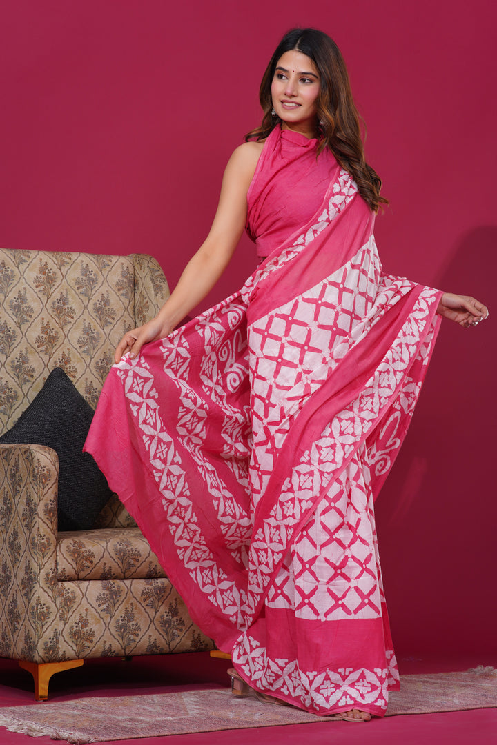 Mulmul Cotton Saree with Hand Wax Batik Print - Shivanya Handicrafts Women's Traditional Indian Wear