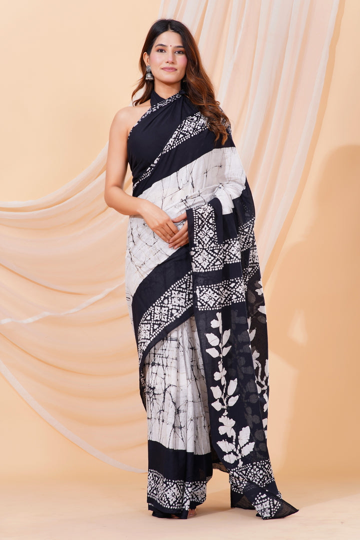 Mulmul Cotton Saree with Hand Wax Batik Print - Shivanya Handicrafts Women's Traditional Indian Wear