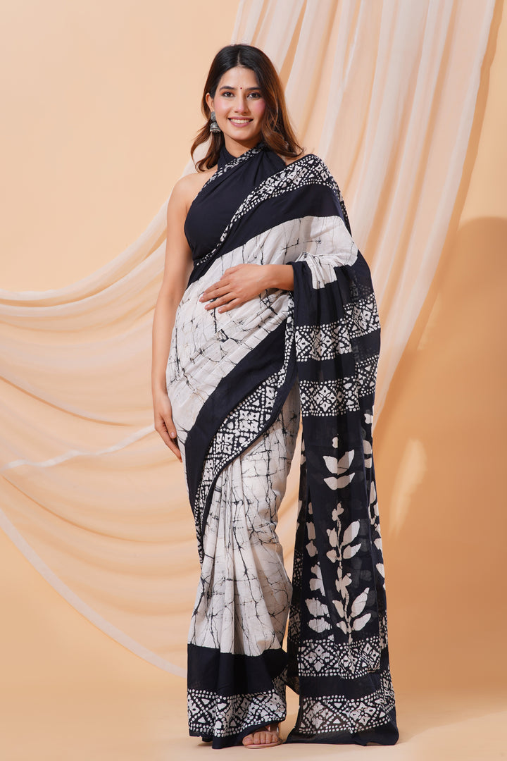 Mulmul Cotton Saree with Hand Wax Batik Print - Shivanya Handicrafts Women's Traditional Indian Wear