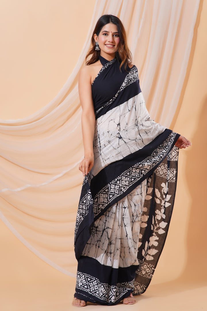 Mulmul Cotton Saree with Hand Wax Batik Print - Shivanya Handicrafts Women's Traditional Indian Wear