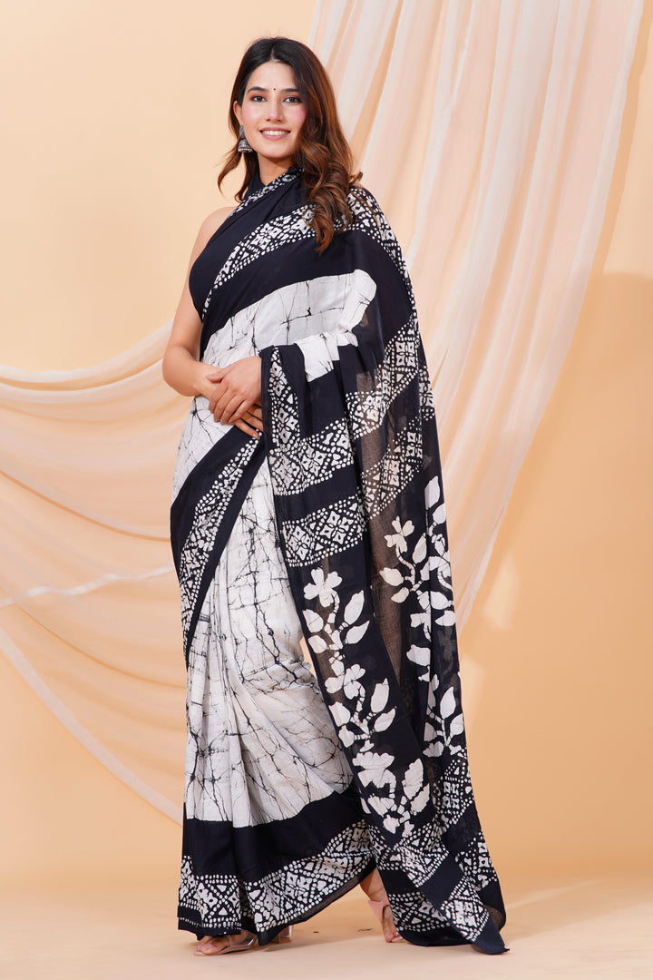 Mulmul Cotton Saree with Hand Wax Batik Print - Shivanya Handicrafts Women's Traditional Indian Wear