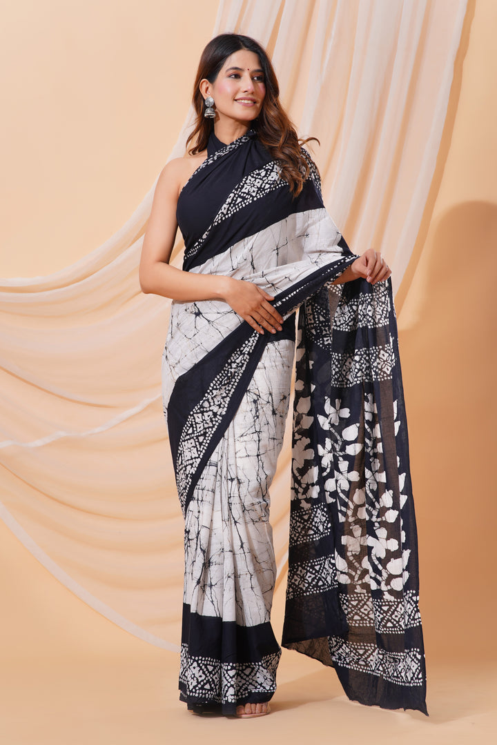 Mulmul Cotton Saree with Hand Wax Batik Print - Shivanya Handicrafts Women's Traditional Indian Wear