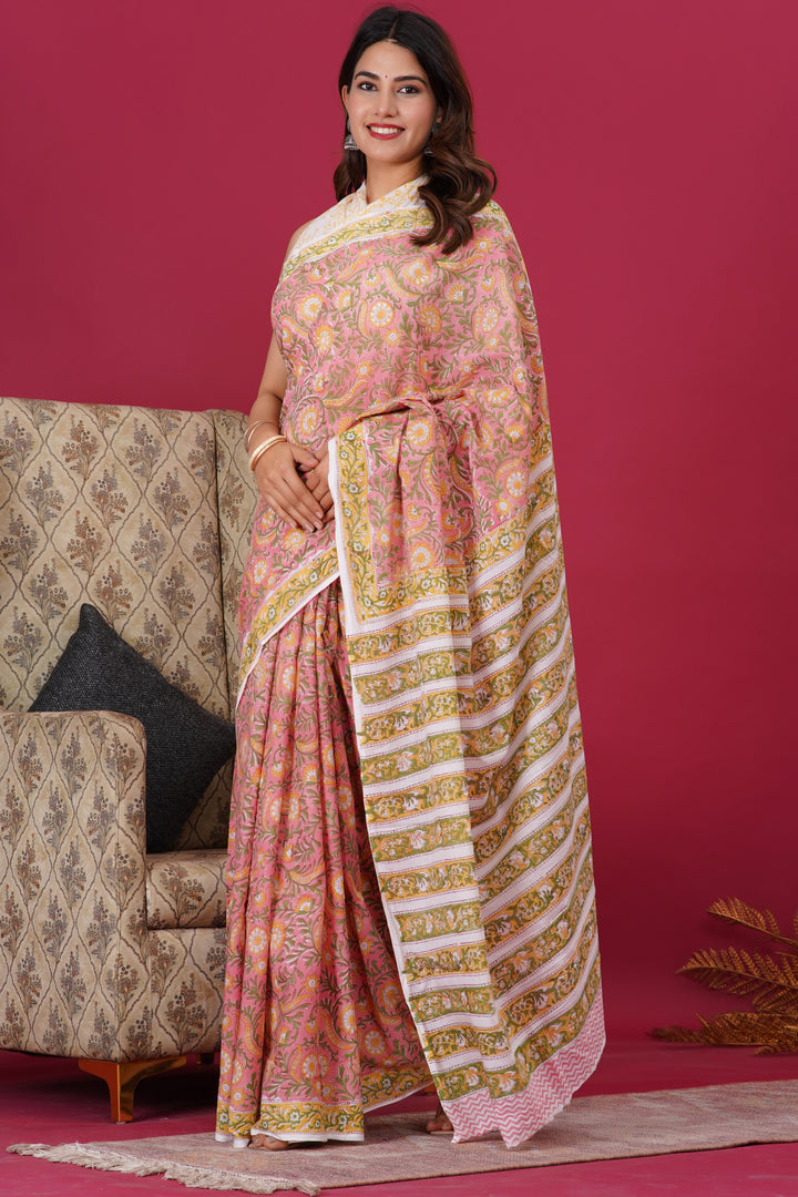 Mulmul Cotton Saree with Hand Block Print - Shivanya Handicrafts Women's Traditional Indian Wear