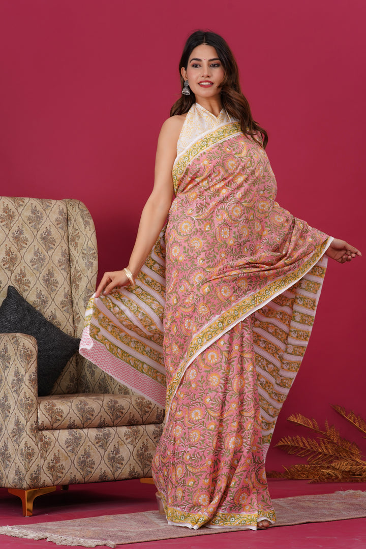 Mulmul Cotton Saree with Hand Block Print - Shivanya Handicrafts Women's Traditional Indian Wear