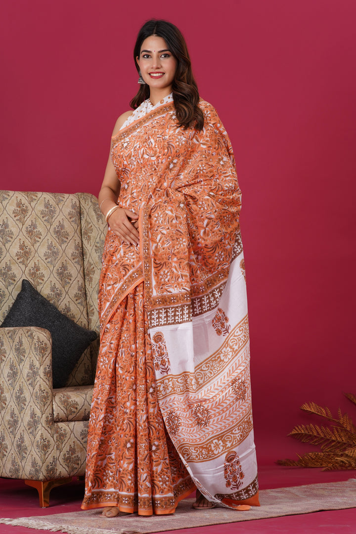 Mulmul Cotton Saree with Hand Block Print - Shivanya Handicrafts Women's Traditional Indian Wear