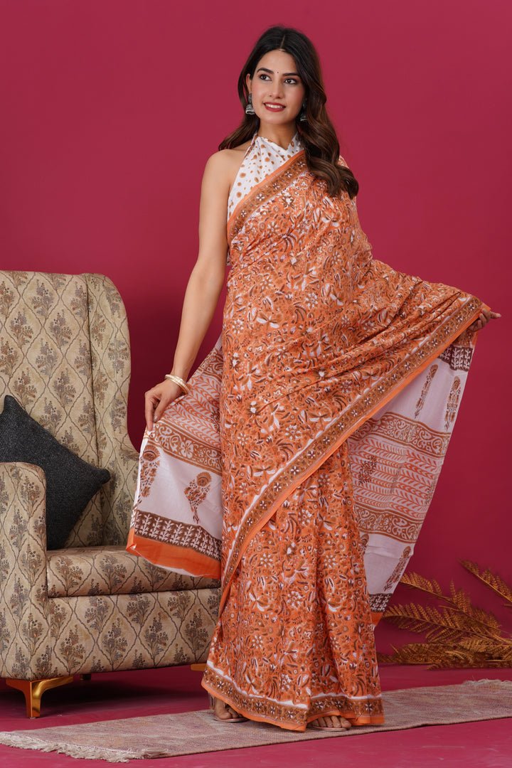 Mulmul Cotton Saree with Hand Block Print - Shivanya Handicrafts Women's Traditional Indian Wear