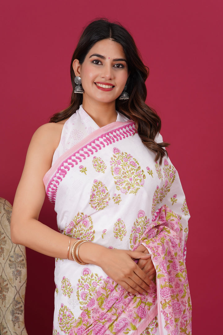 Mulmul Cotton Saree with Hand Block Print - Shivanya Handicrafts Women's Traditional Indian Wear