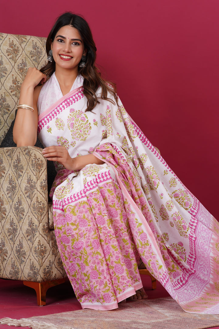 Mulmul Cotton Saree with Hand Block Print - Shivanya Handicrafts Women's Traditional Indian Wear