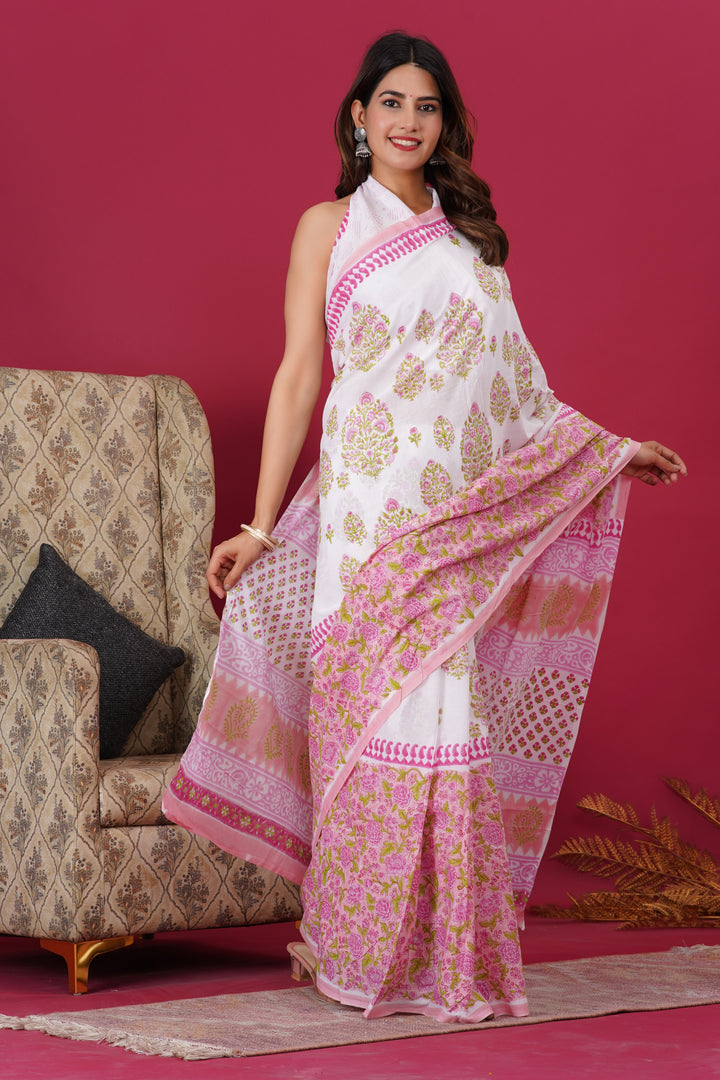 Mulmul Cotton Saree with Hand Block Print - Shivanya Handicrafts Women's Traditional Indian Wear