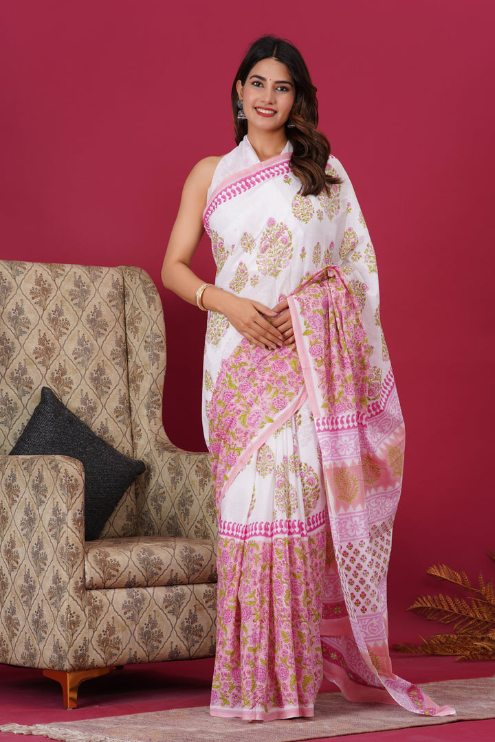 Mulmul Cotton Saree with Hand Block Print - Shivanya Handicrafts Women's Traditional Indian Wear