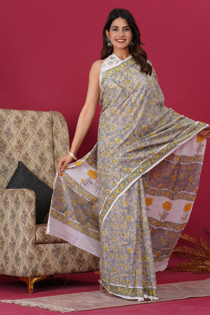 Mulmul Cotton Saree with Hand Block Print - Shivanya Handicrafts Women's Traditional Indian Wear