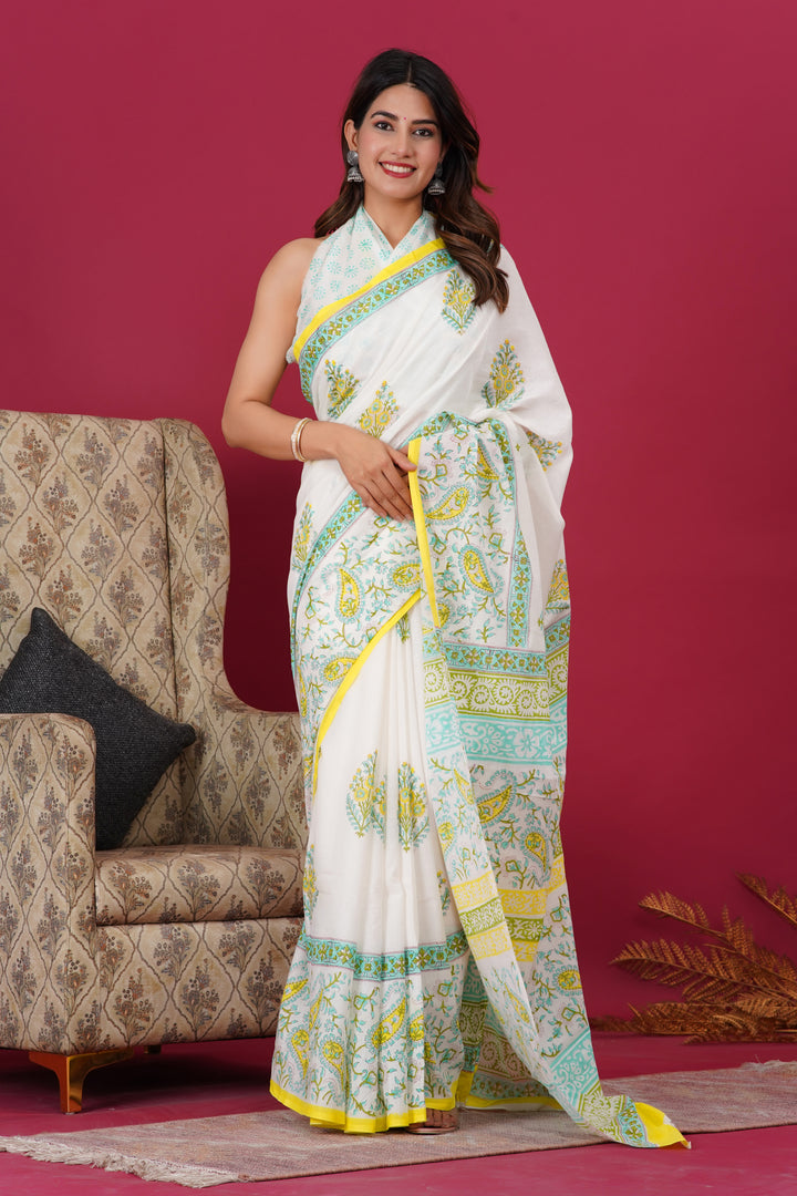 Mulmul Cotton Saree with Hand Block Print - Shivanya Handicrafts Women's Traditional Indian Wear