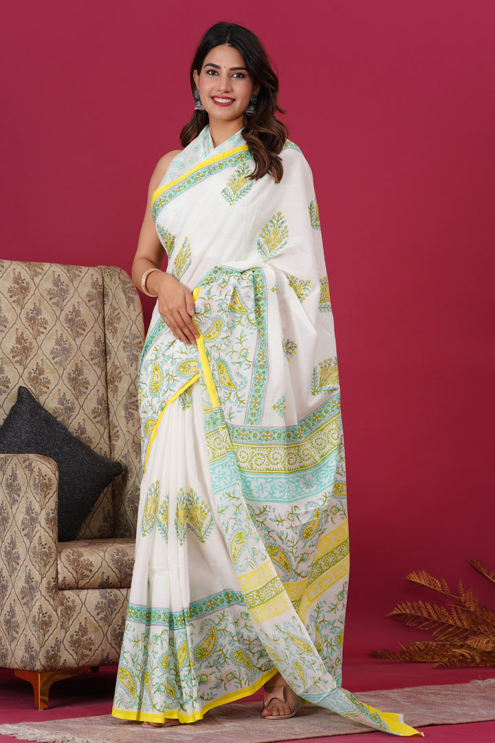 Mulmul Cotton Saree with Hand Block Print - Shivanya Handicrafts Women's Traditional Indian Wear